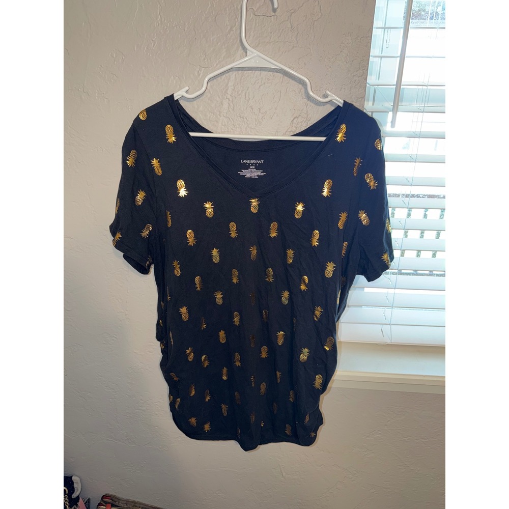 Lane Bryant Gold Foil Pineapple Print V-Neck T-Shirt Navy Blue Womens Plus 18/20